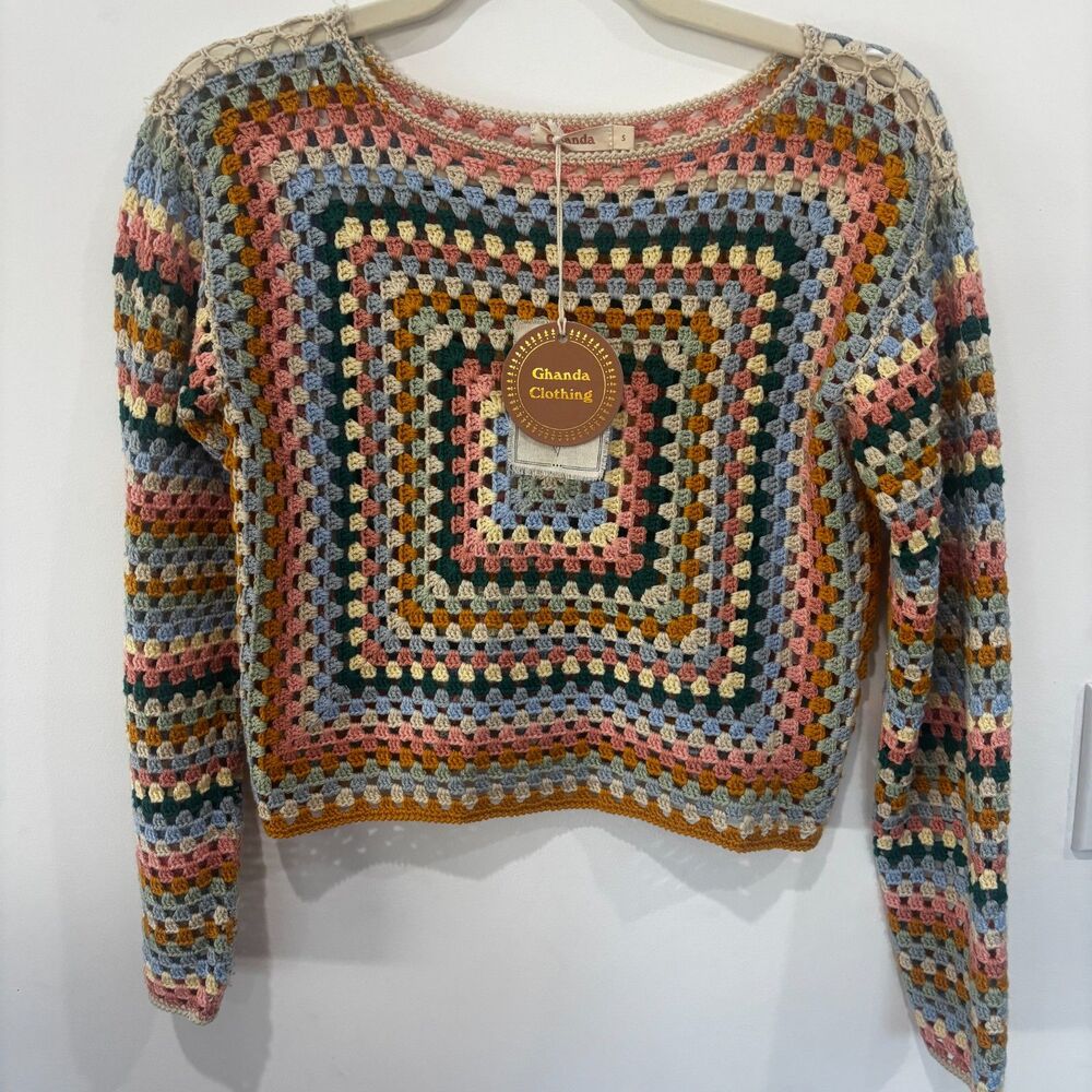 Ghanda Multicolor Crochet Square-Neck Sweater - Pink, Blue, Green, Yellow, Cream